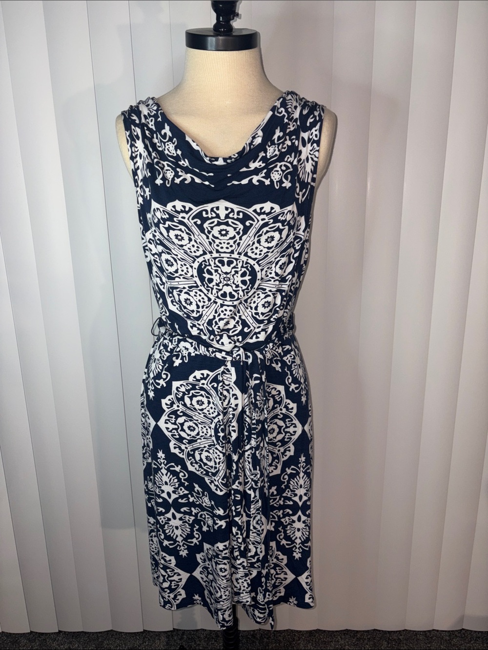 INC International Concepts Navy & White Medallion Cowl Neck Dress - Size Large